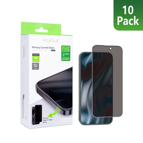 Rixus Privacy Full Curved Edge Tempered Glass For iPhone 14, 13, 13 Pro, 16e (10-Pack)